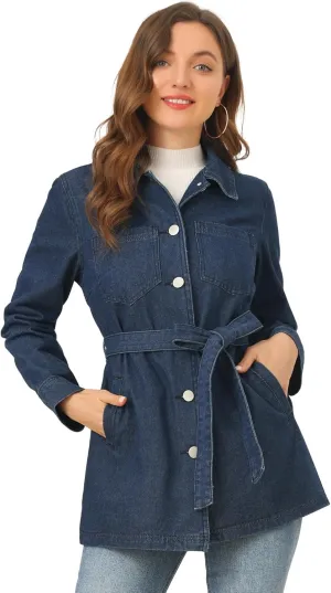 Allegra K Women's Casual Jean Jackets Long Sleeves Tie Waist Button Down Denim Jacket