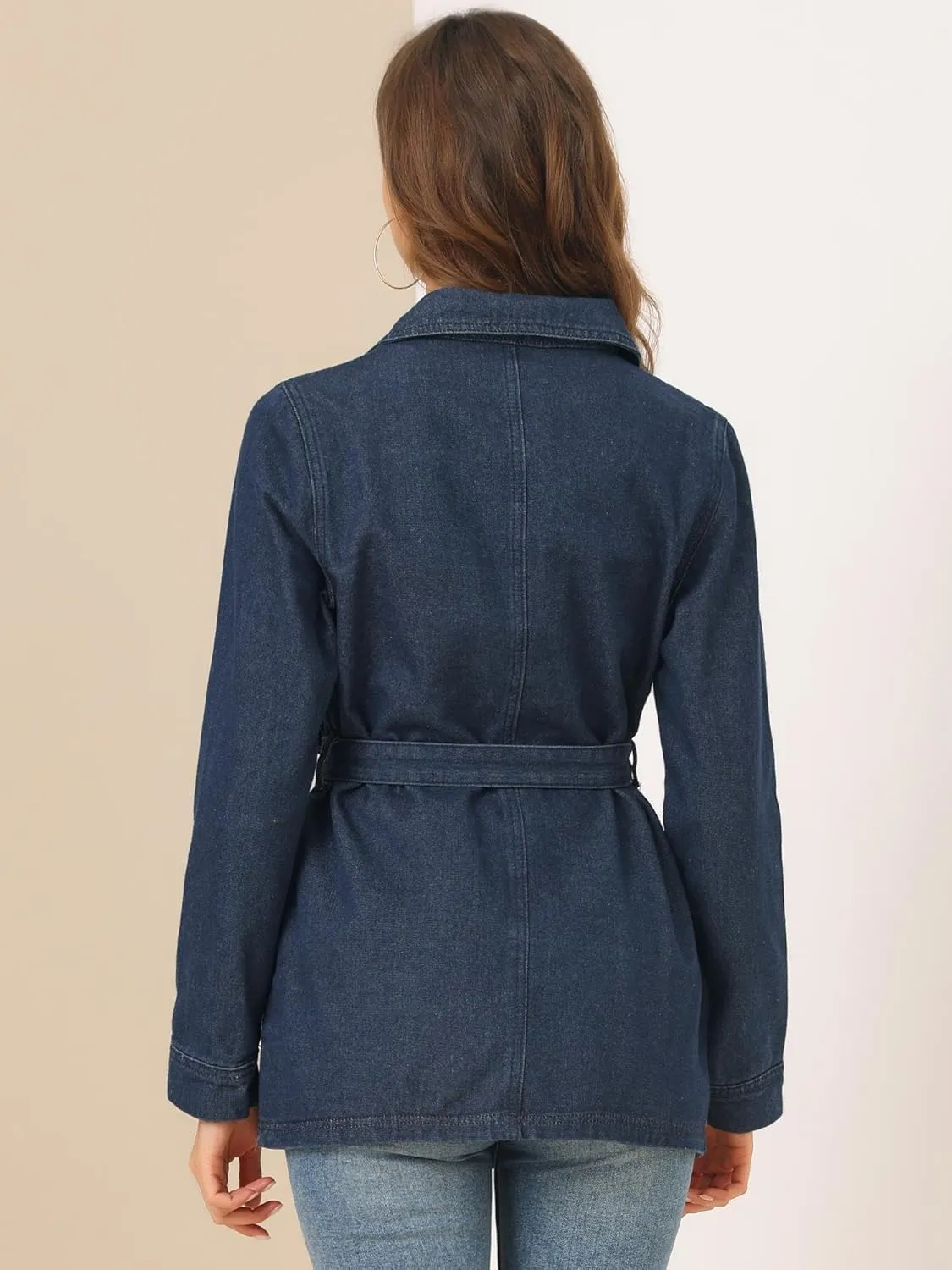 Allegra K Women's Casual Jean Jackets Long Sleeves Tie Waist Button Down Denim Jacket