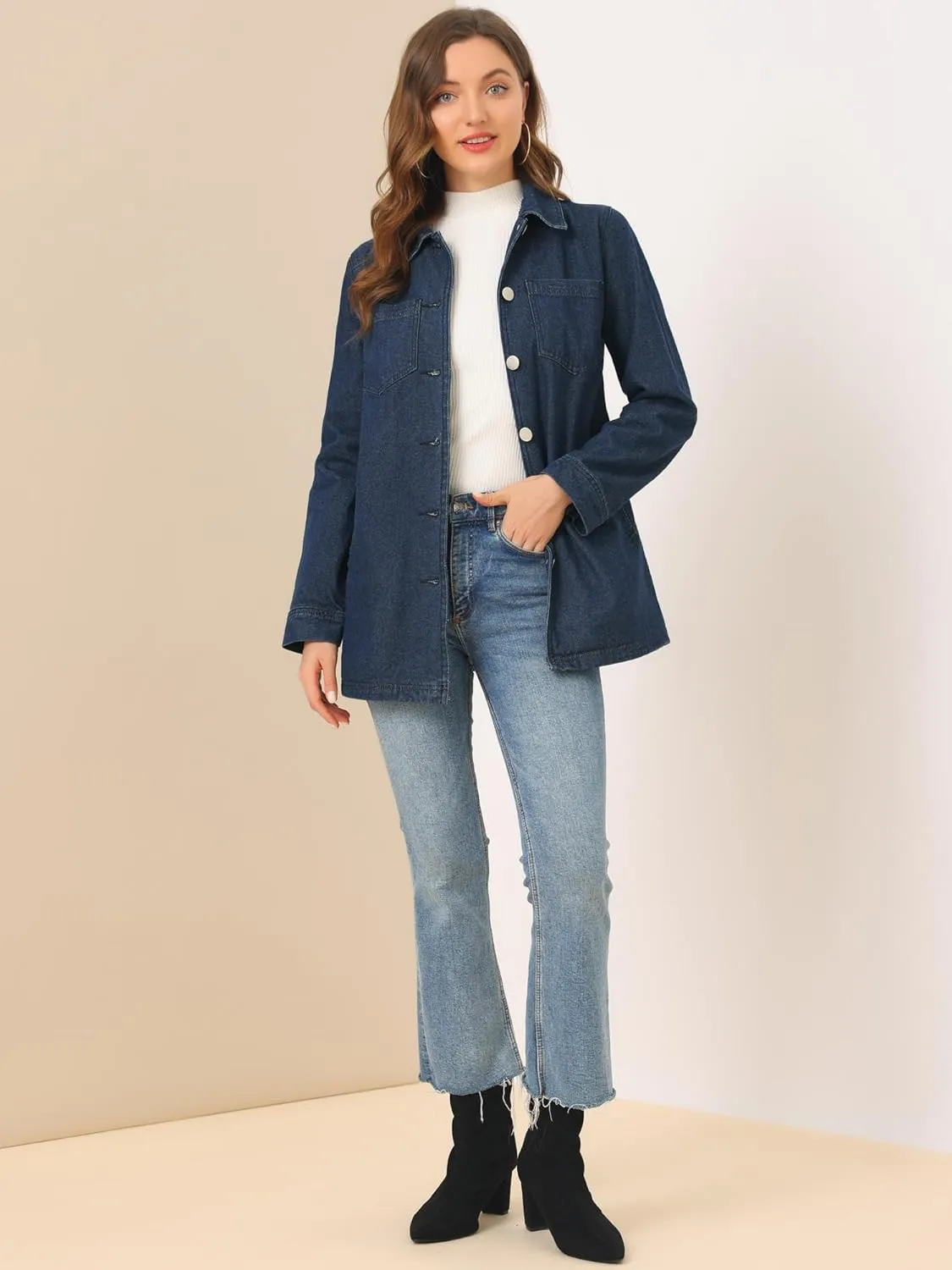 Allegra K Women's Casual Jean Jackets Long Sleeves Tie Waist Button Down Denim Jacket