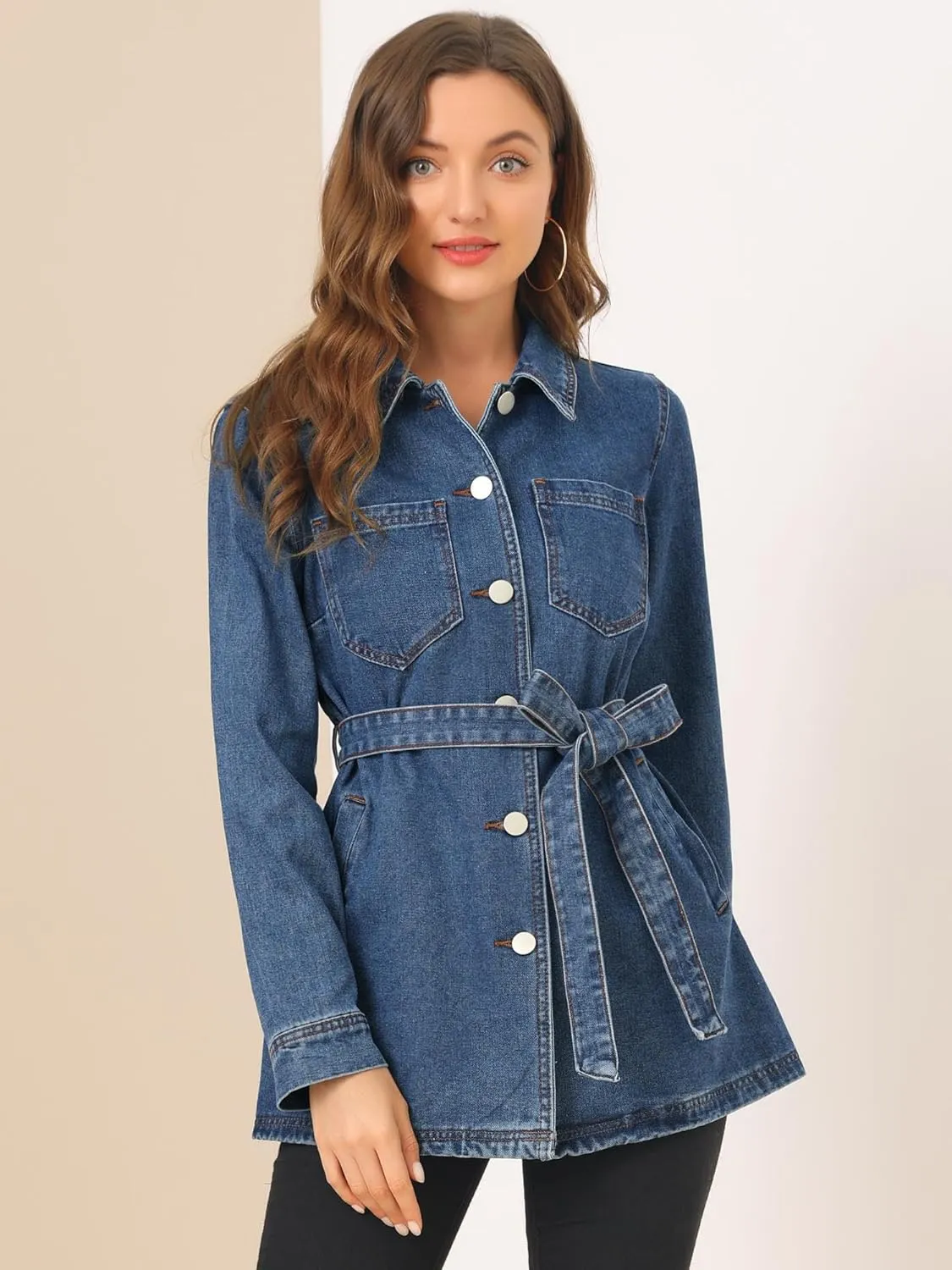 Allegra K Women's Casual Jean Jackets Long Sleeves Tie Waist Button Down Denim Jacket