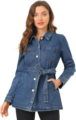 Allegra K Women's Casual Jean Jackets Long Sleeves Tie Waist Button Down Denim Jacket