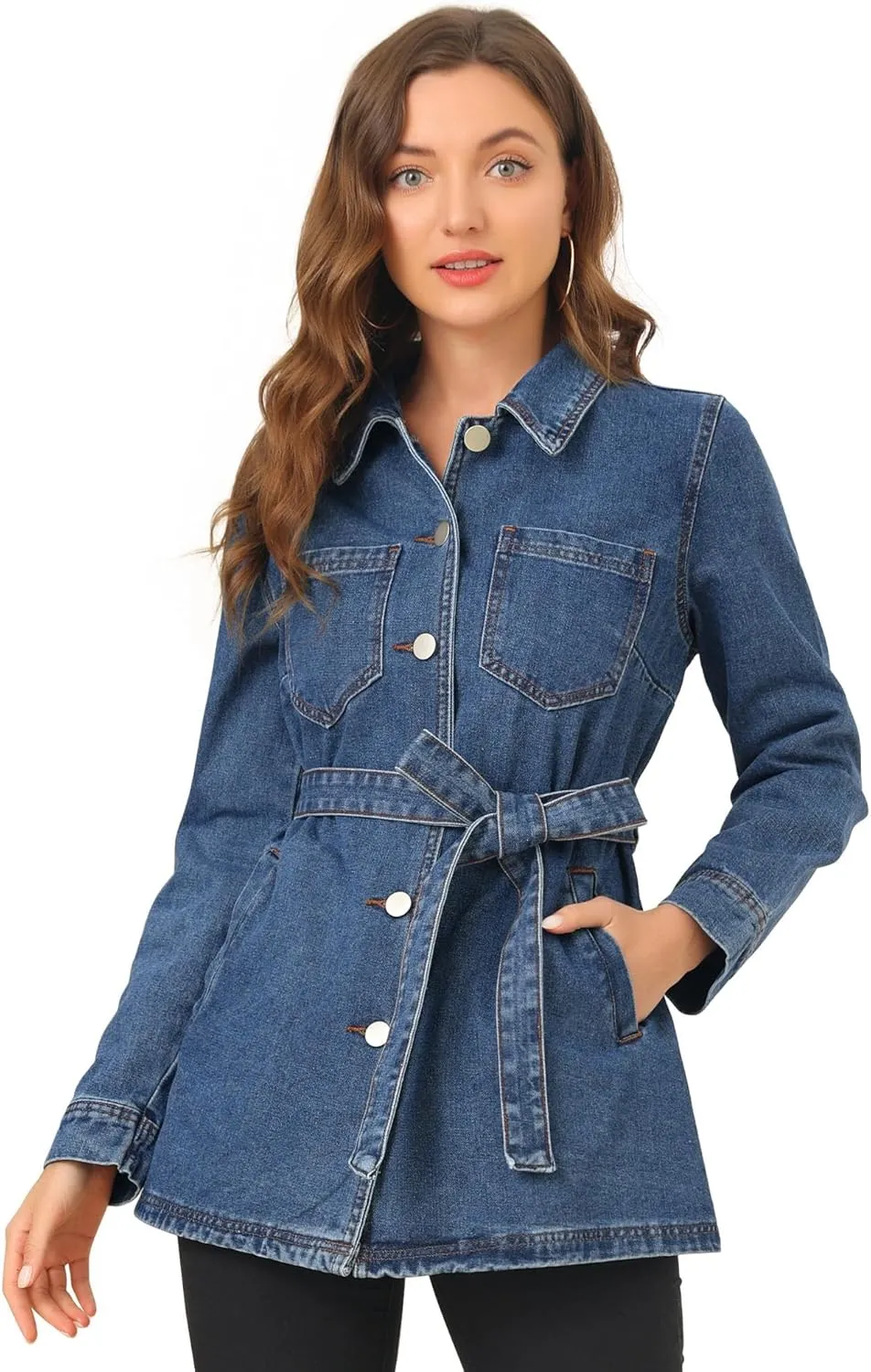 Allegra K Women's Casual Jean Jackets Long Sleeves Tie Waist Button Down Denim Jacket