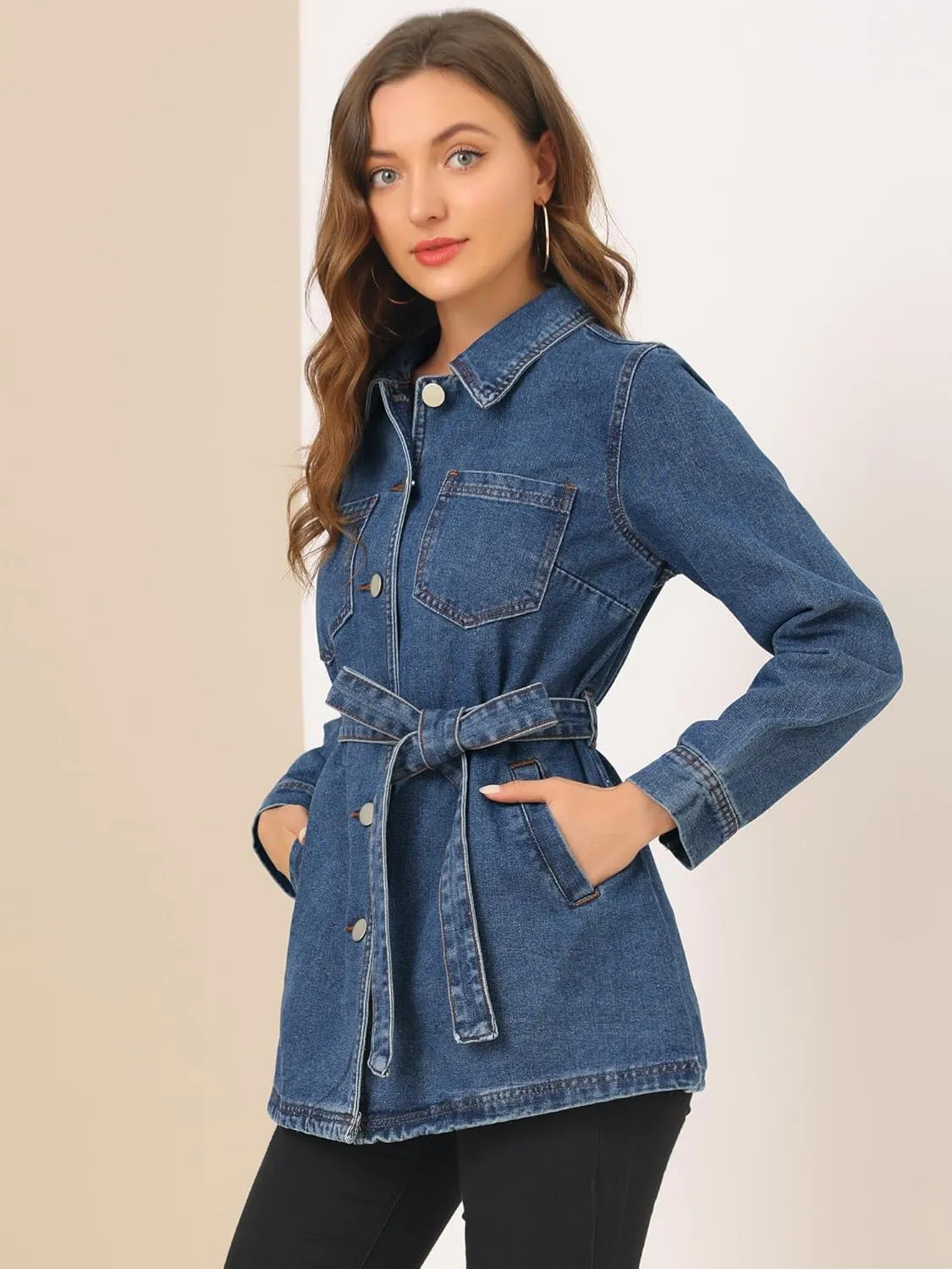 Allegra K Women's Casual Jean Jackets Long Sleeves Tie Waist Button Down Denim Jacket