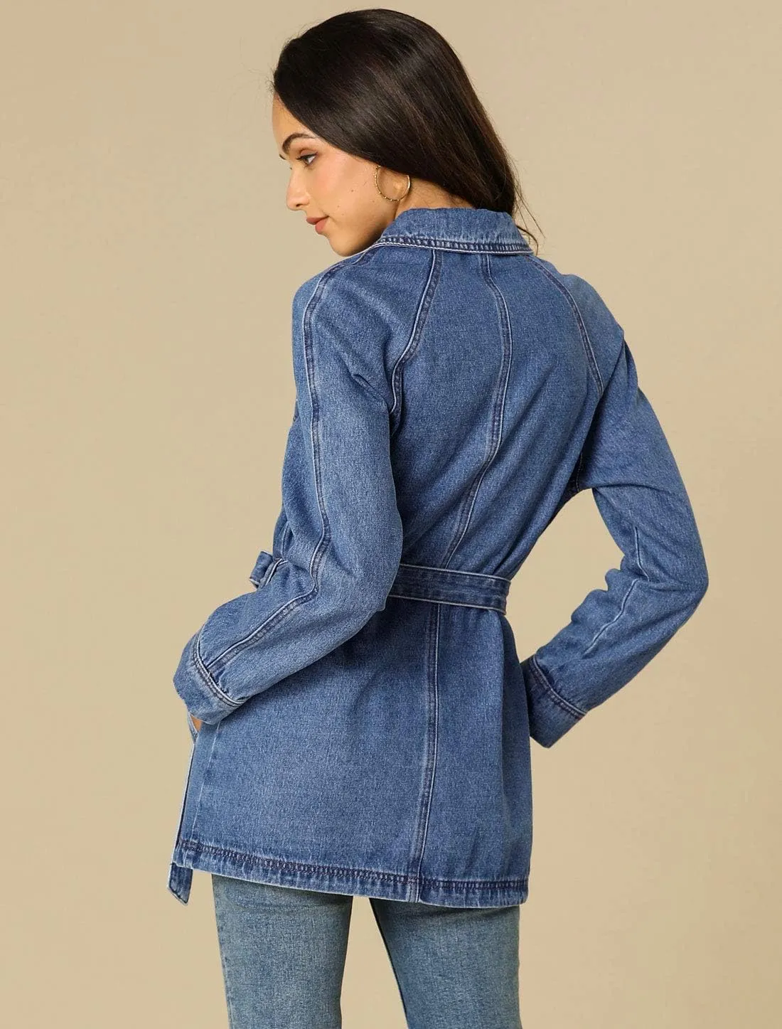 Allegra K Women's Casual Jean Jackets Long Sleeves Tie Waist Button Down Denim Jacket