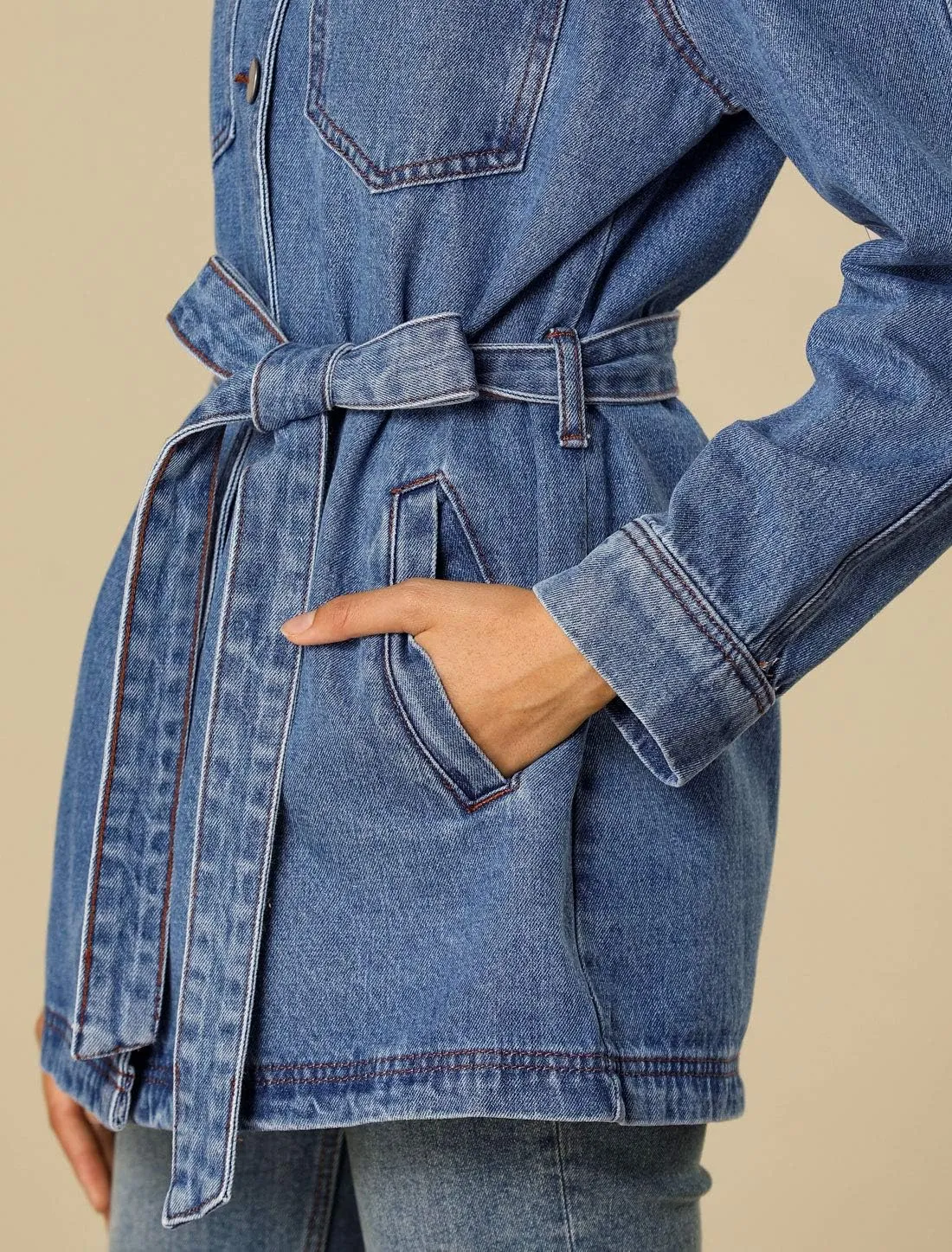 Allegra K Women's Casual Jean Jackets Long Sleeves Tie Waist Button Down Denim Jacket