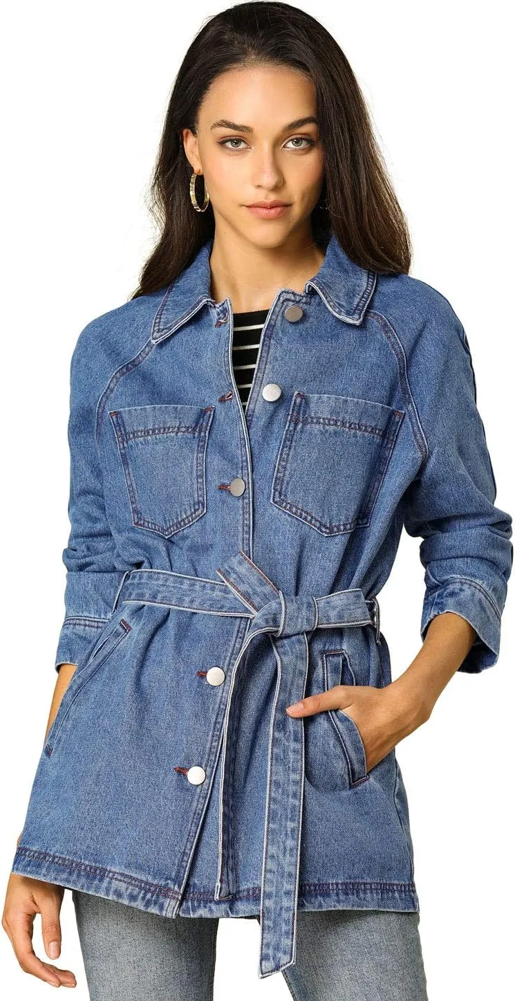Allegra K Women's Casual Jean Jackets Long Sleeves Tie Waist Button Down Denim Jacket