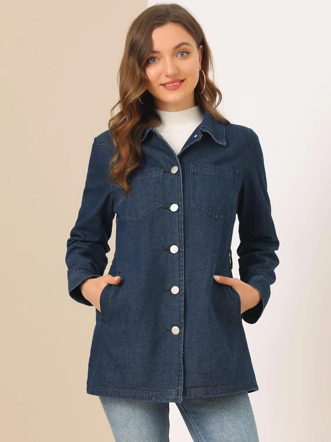 Allegra K Women's Casual Jean Jackets Long Sleeves Tie Waist Button Down Denim Jacket