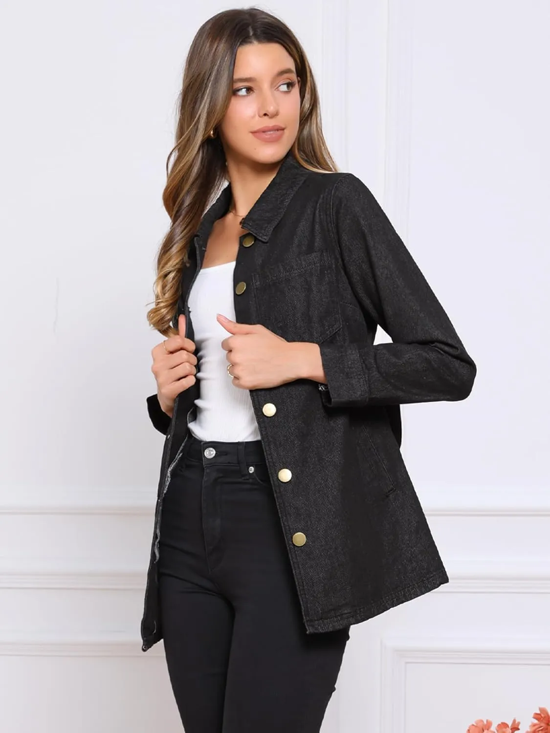 Allegra K Women's Casual Jean Jackets Long Sleeves Tie Waist Button Down Denim Jacket