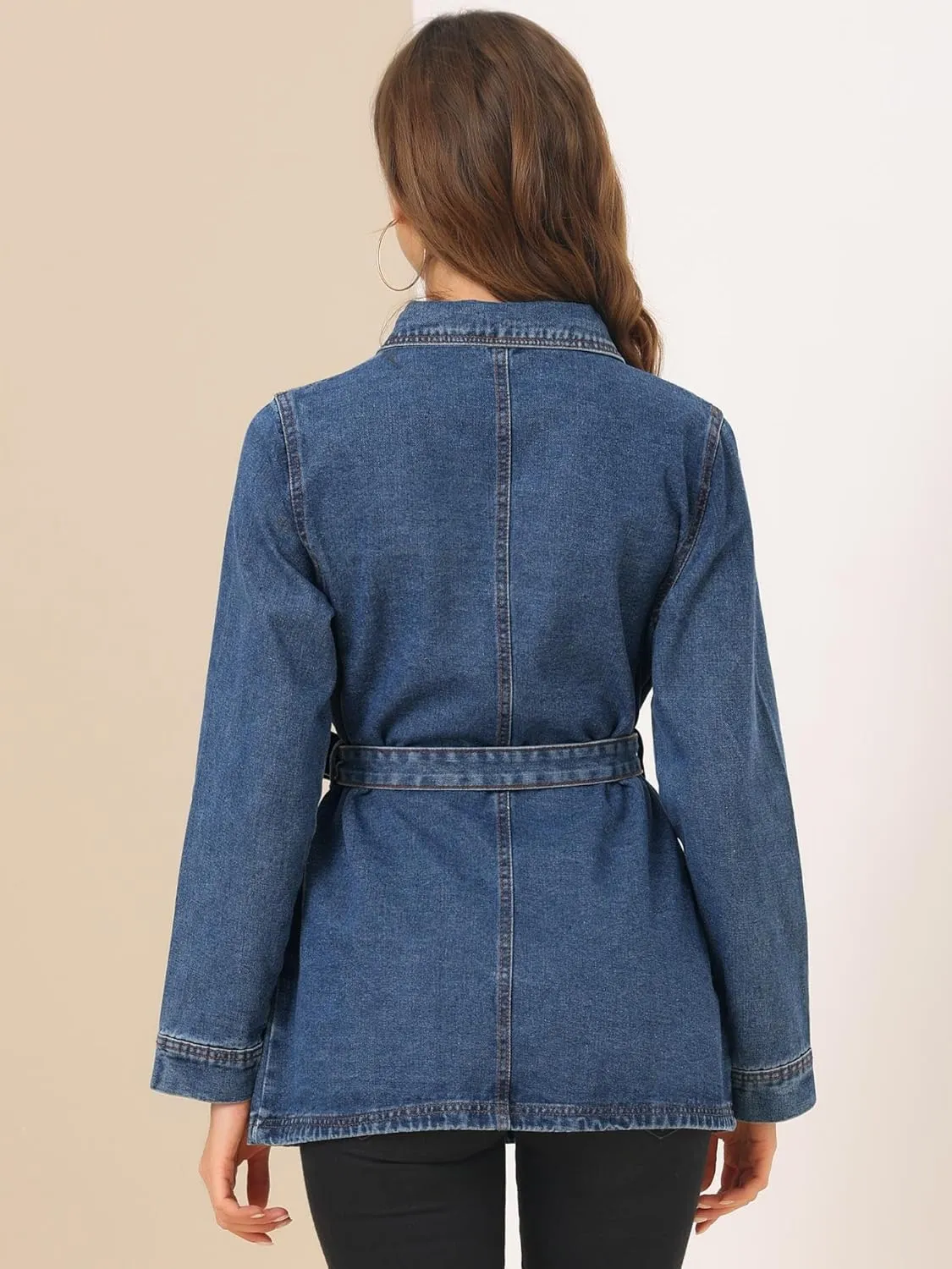 Allegra K Women's Casual Jean Jackets Long Sleeves Tie Waist Button Down Denim Jacket