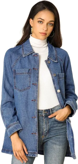 Allegra K Women's Casual Jean Jackets Long Sleeves Tie Waist Button Down Denim Jacket