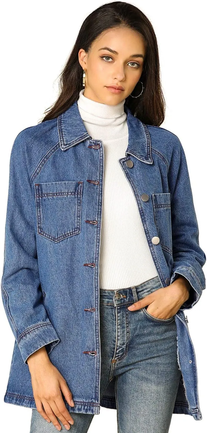 Allegra K Women's Casual Jean Jackets Long Sleeves Tie Waist Button Down Denim Jacket