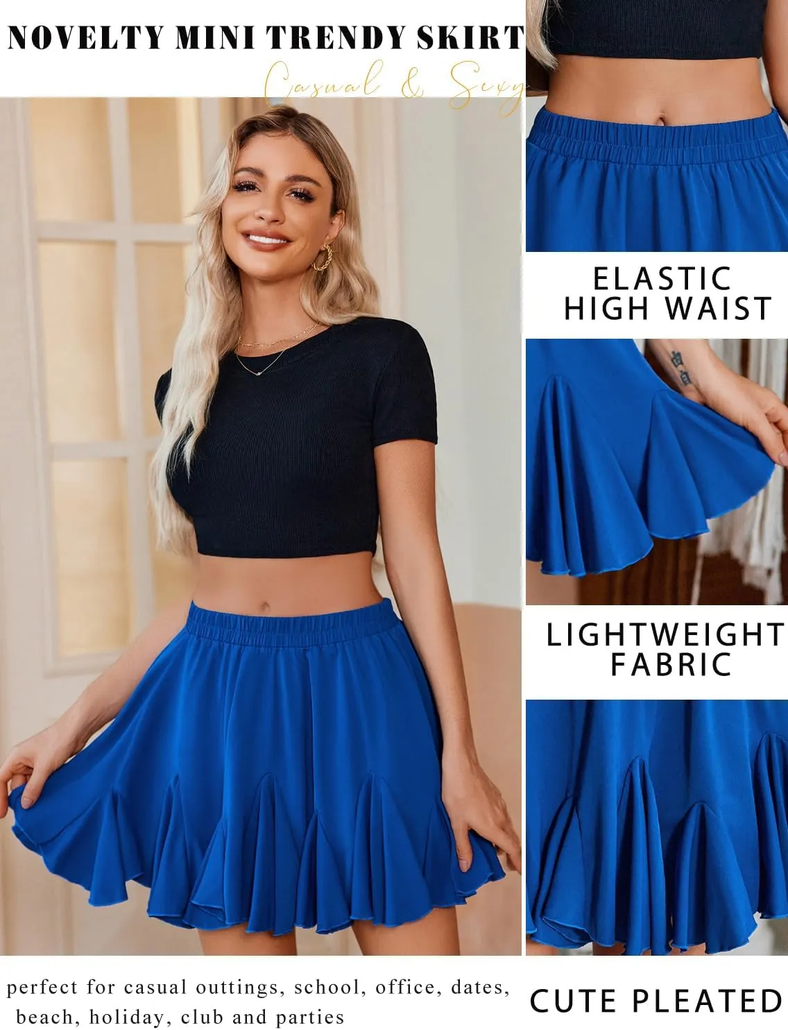 Avidlove Skirts for Women Pleated Skirts for Women Trendy High Waist Sexy Skater Mini Skirt(Blue,XXL)
