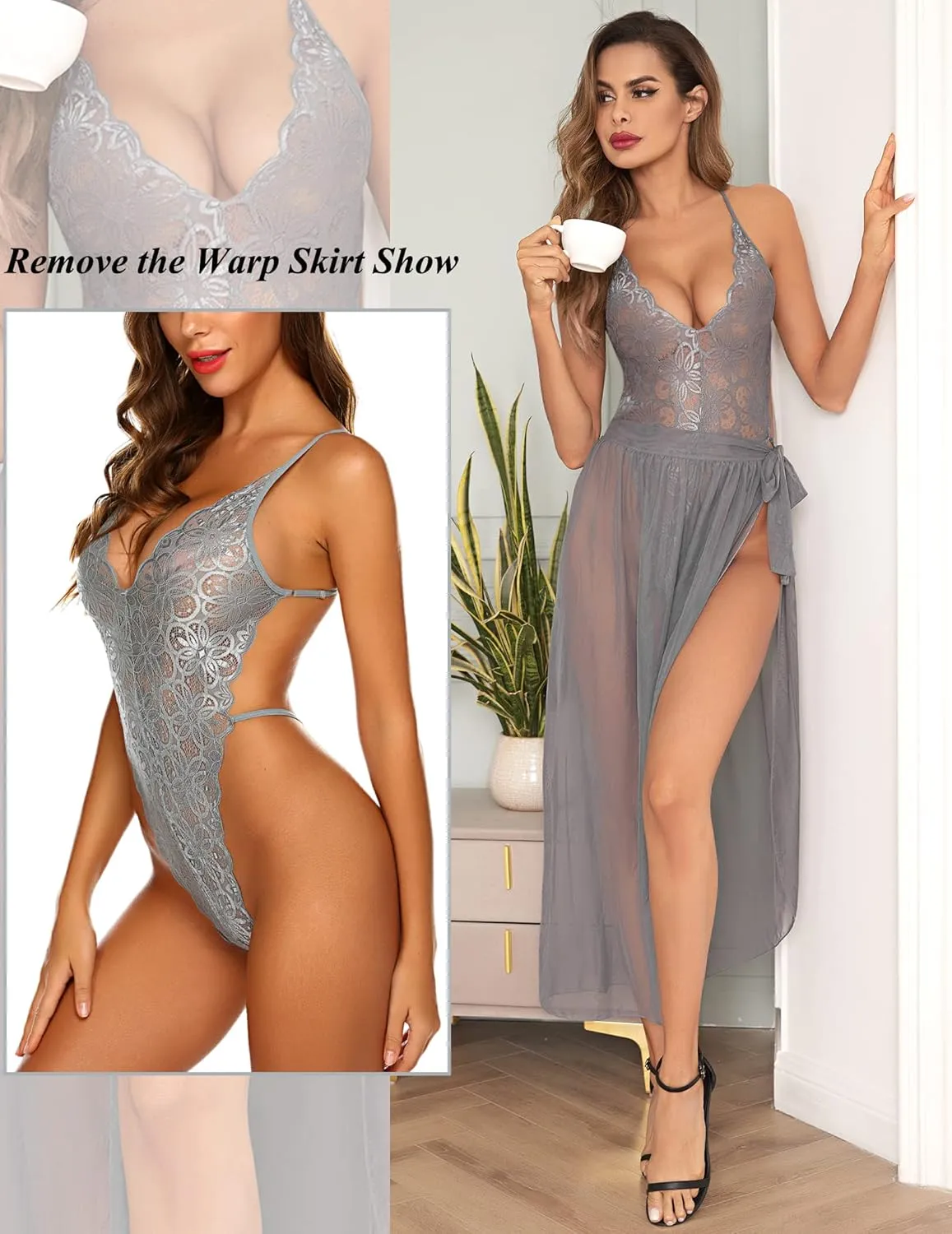 Avidlove Women One Piece Lingerie Deep V Lace Bodysuit Mosaic Lace Teddy Mesh Skirt