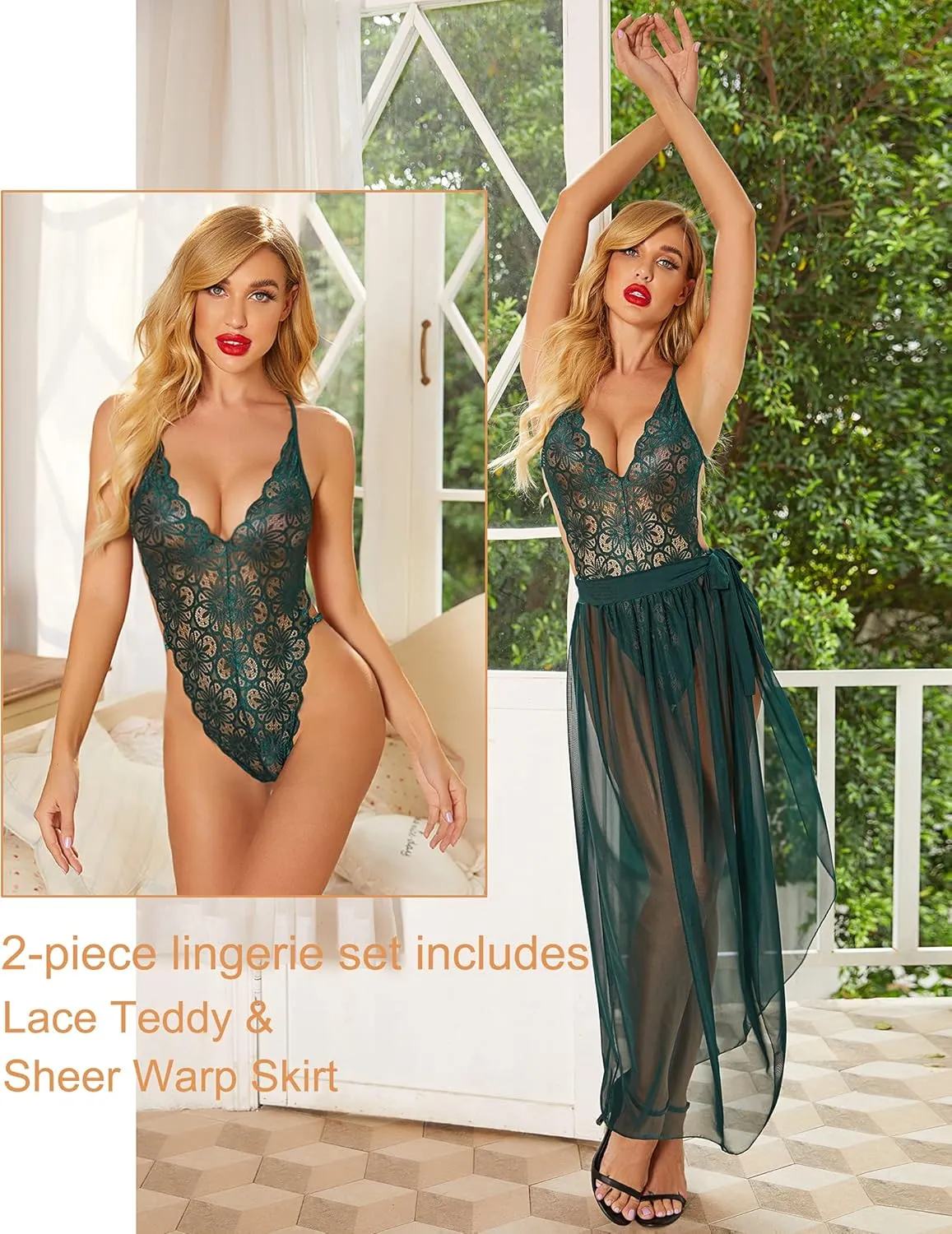 Avidlove Women One Piece Lingerie Deep V Lace Bodysuit Mosaic Lace Teddy Mesh Skirt