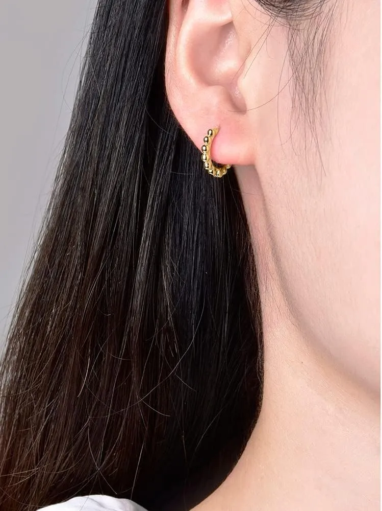 Ball Beaded Huggie Hoop Earrings Upper Ear Cartilage Helix 925 Sterling Silver Gold Small Tiny Mini 12mm 10mm 9mm 8mm 7mm 6mm Hoop Earrings