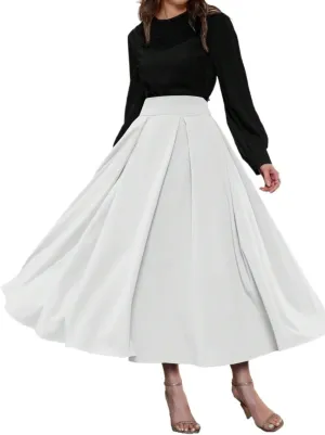 Beach Causal Women's Skirt Women High Waist Pleated Solid Color A-Line Midi Skirt Elegant