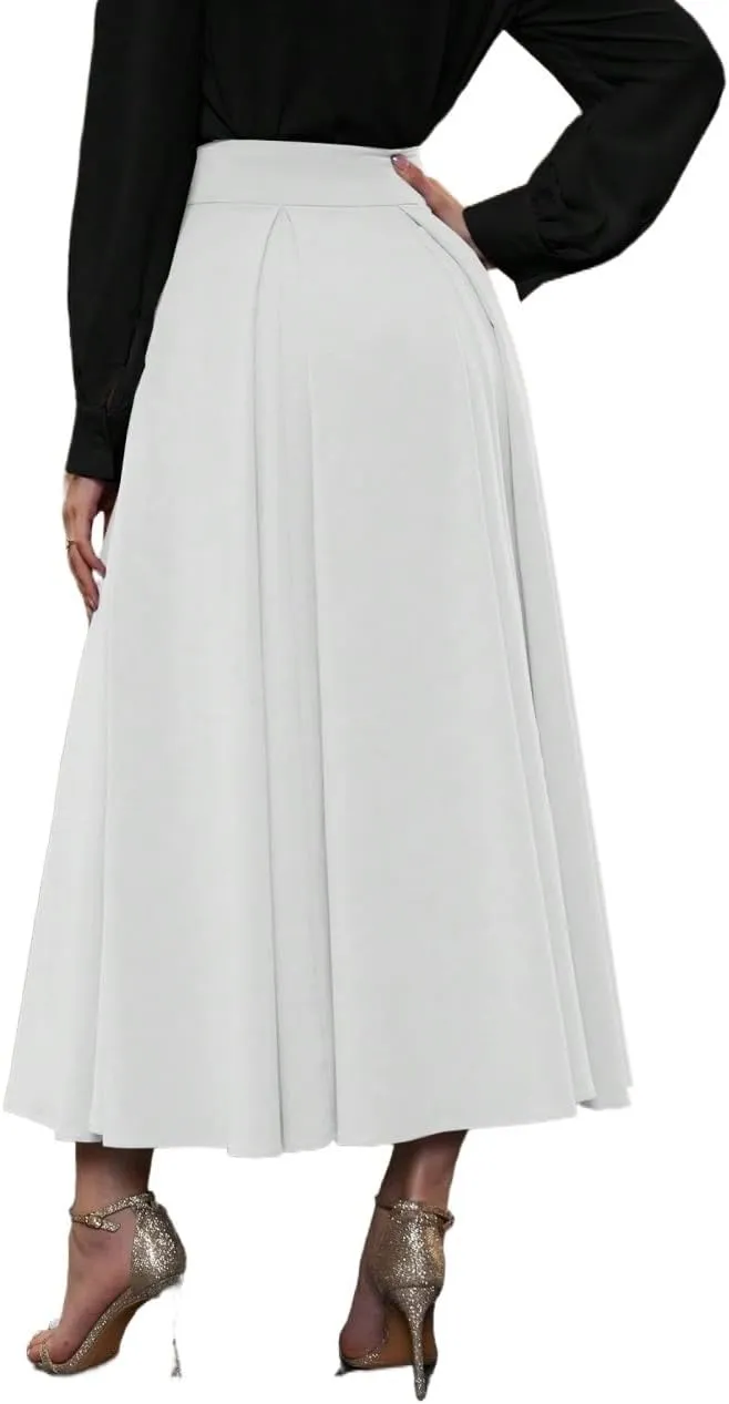 Beach Causal Women's Skirt Women High Waist Pleated Solid Color A-Line Midi Skirt Elegant
