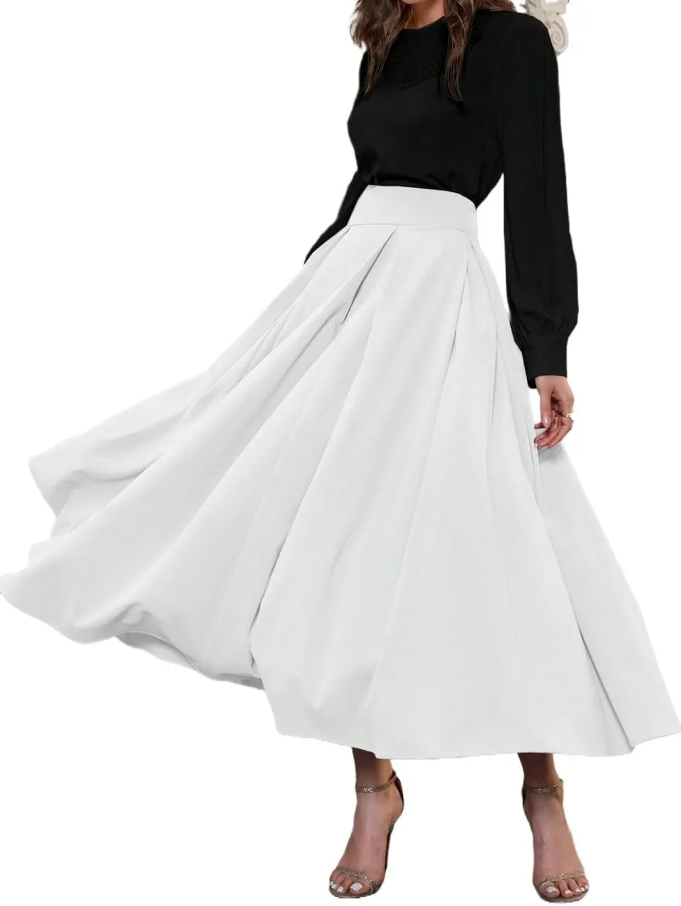 Beach Causal Women's Skirt Women High Waist Pleated Solid Color A-Line Midi Skirt Elegant