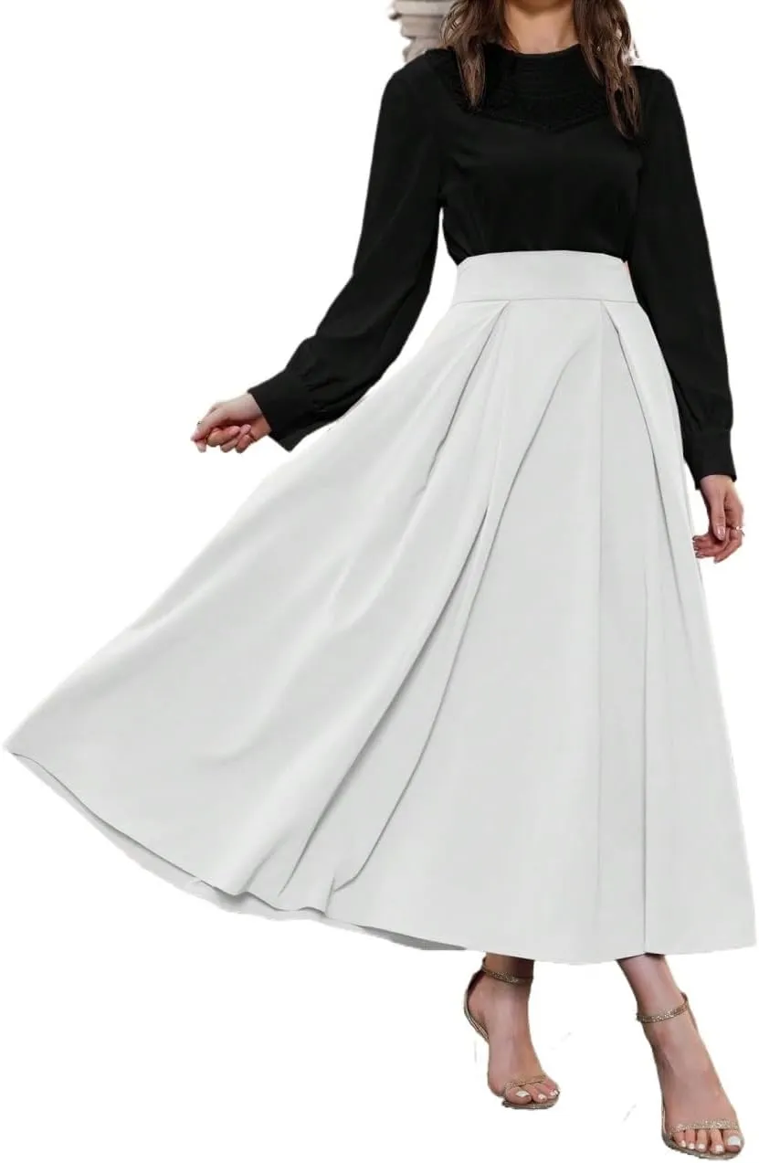 Beach Causal Women's Skirt Women High Waist Pleated Solid Color A-Line Midi Skirt Elegant