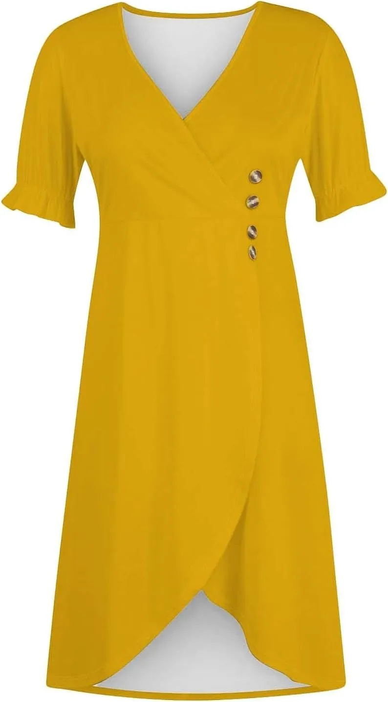 Beach Dresses for Women 2025 Summer Trendy Floral Boho Sundress Elegant V Neck Short Sleeve Irregular Hem Midi Dress