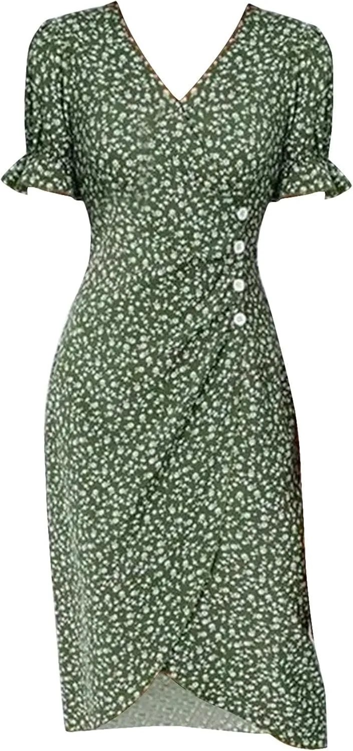 Beach Dresses for Women 2025 Summer Trendy Floral Boho Sundress Elegant V Neck Short Sleeve Irregular Hem Midi Dress