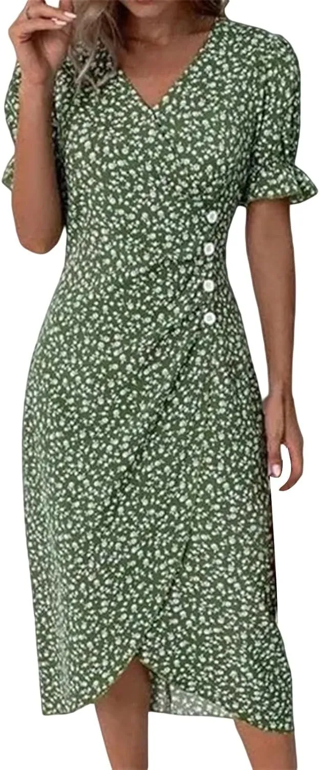Beach Dresses for Women 2025 Summer Trendy Floral Boho Sundress Elegant V Neck Short Sleeve Irregular Hem Midi Dress