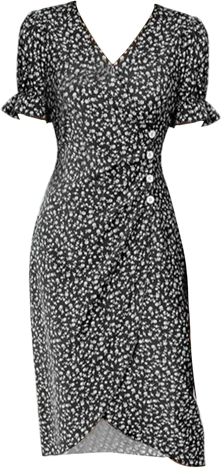 Beach Dresses for Women 2025 Summer Trendy Floral Boho Sundress Elegant V Neck Short Sleeve Irregular Hem Midi Dress