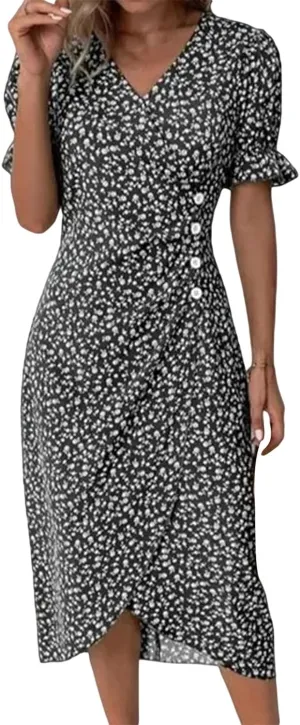 Beach Dresses for Women 2025 Summer Trendy Floral Boho Sundress Elegant V Neck Short Sleeve Irregular Hem Midi Dress