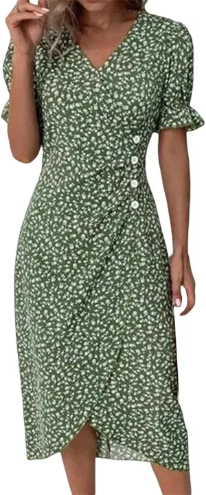 Beach Dresses for Women 2025 Summer Trendy Floral Boho Sundress Elegant V Neck Short Sleeve Irregular Hem Midi Dress