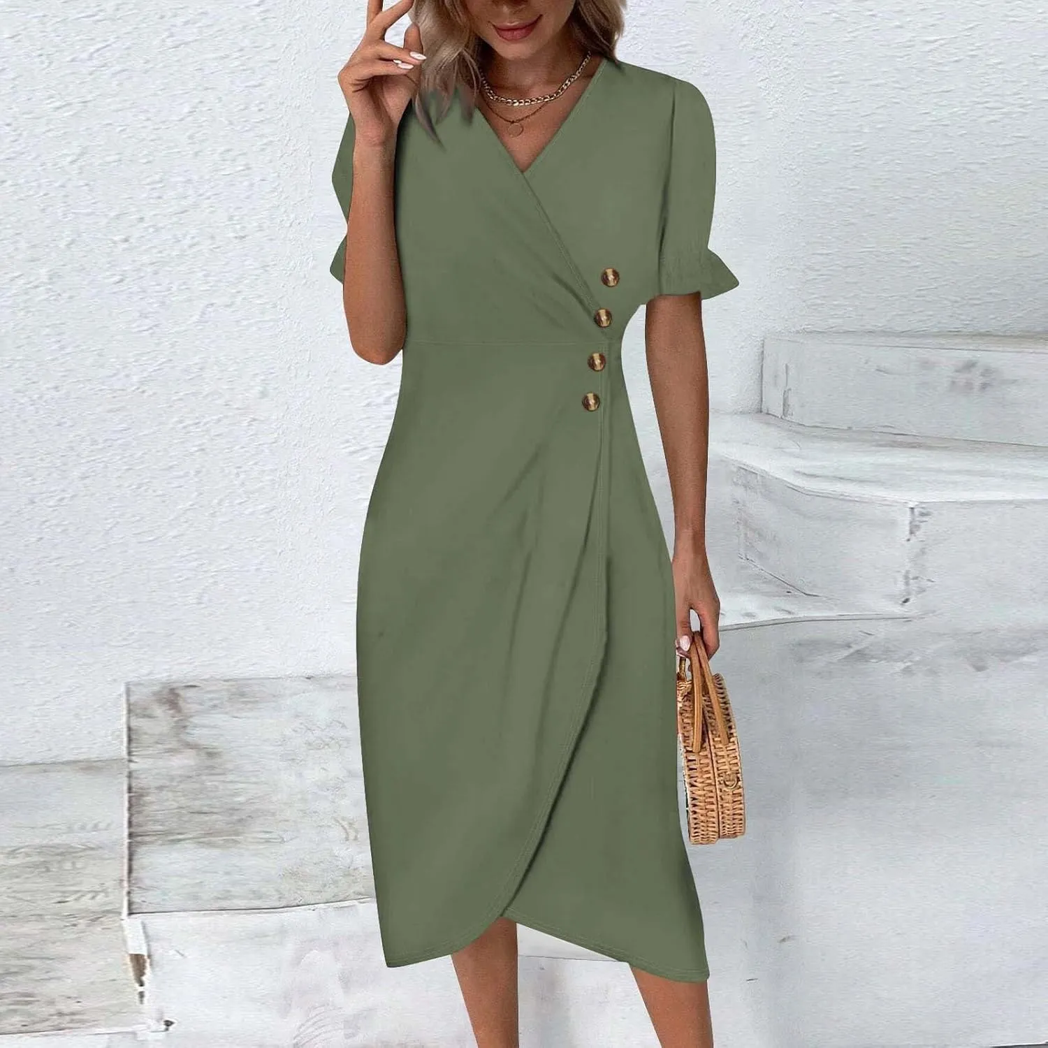 Beach Dresses for Women 2025 Summer Trendy Floral Boho Sundress Elegant V Neck Short Sleeve Irregular Hem Midi Dress
