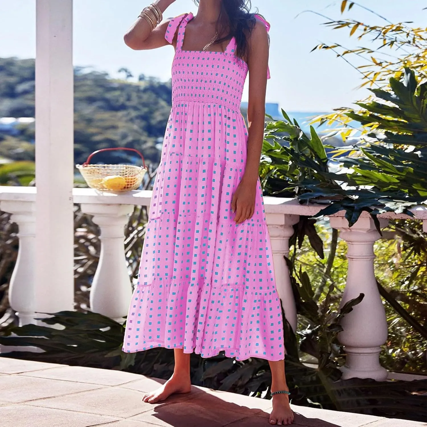Beach Long Ruffle Maxi Line Dress Boho Floral Summers Women's A Neck Women's Dress Maternity Dresses Casual