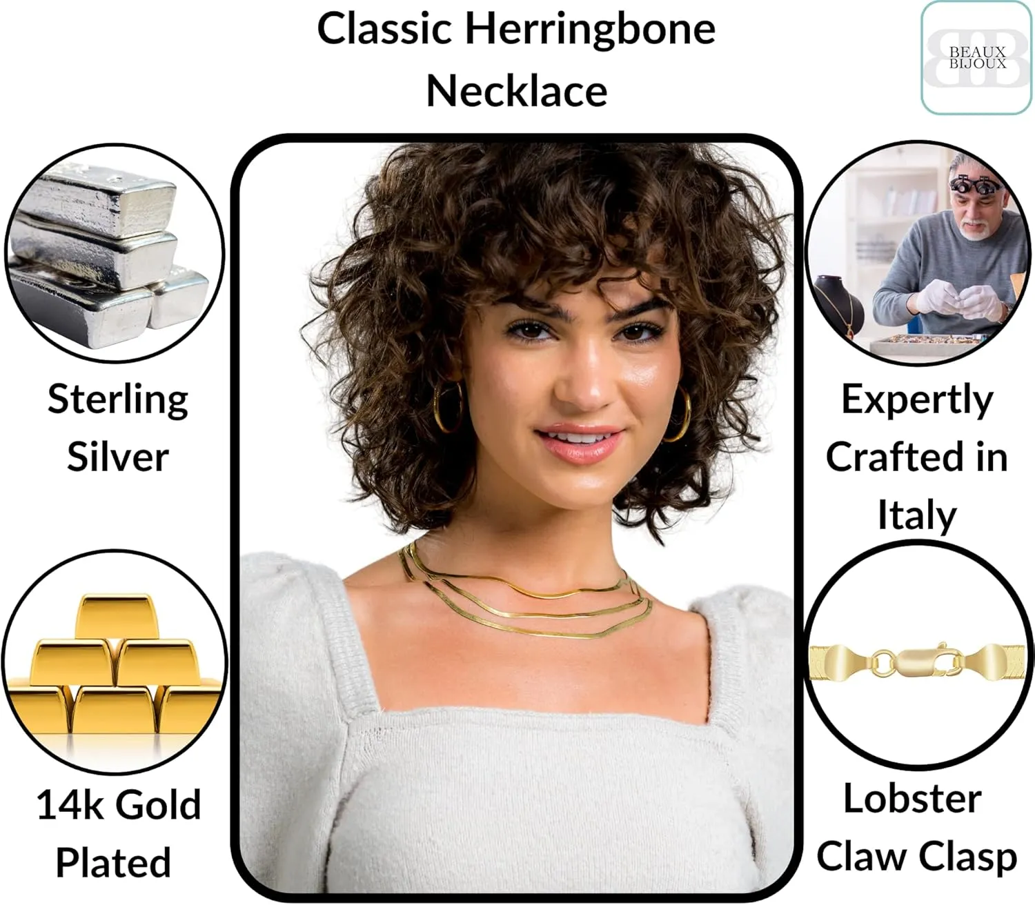 Beaux Bijoux Gold Chain Necklaces for Women | Herringbone, Paperclip, Omega Chains | Gold Plated Silver | Women's Trendy Layering Necklaces | Choose Width and Length | Gold Necklaces for Women