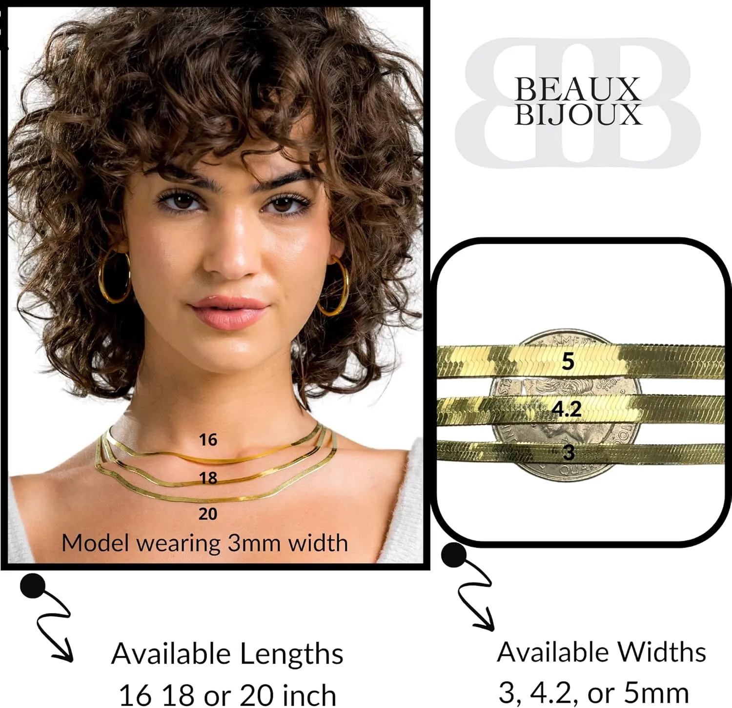 Beaux Bijoux Gold Chain Necklaces for Women | Herringbone, Paperclip, Omega Chains | Gold Plated Silver | Women's Trendy Layering Necklaces | Choose Width and Length | Gold Necklaces for Women