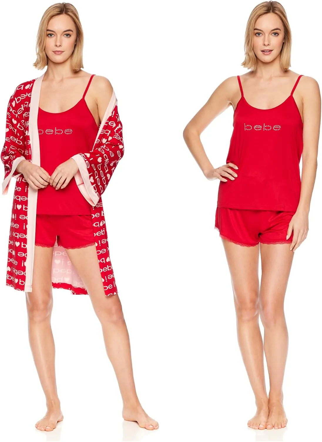 bebe Womens Pajamas 3-Piece Set, Tank Top, Pajama Shorts, and Short Robe Sleepwear Travel Set, Pajama Set Gifts for Women