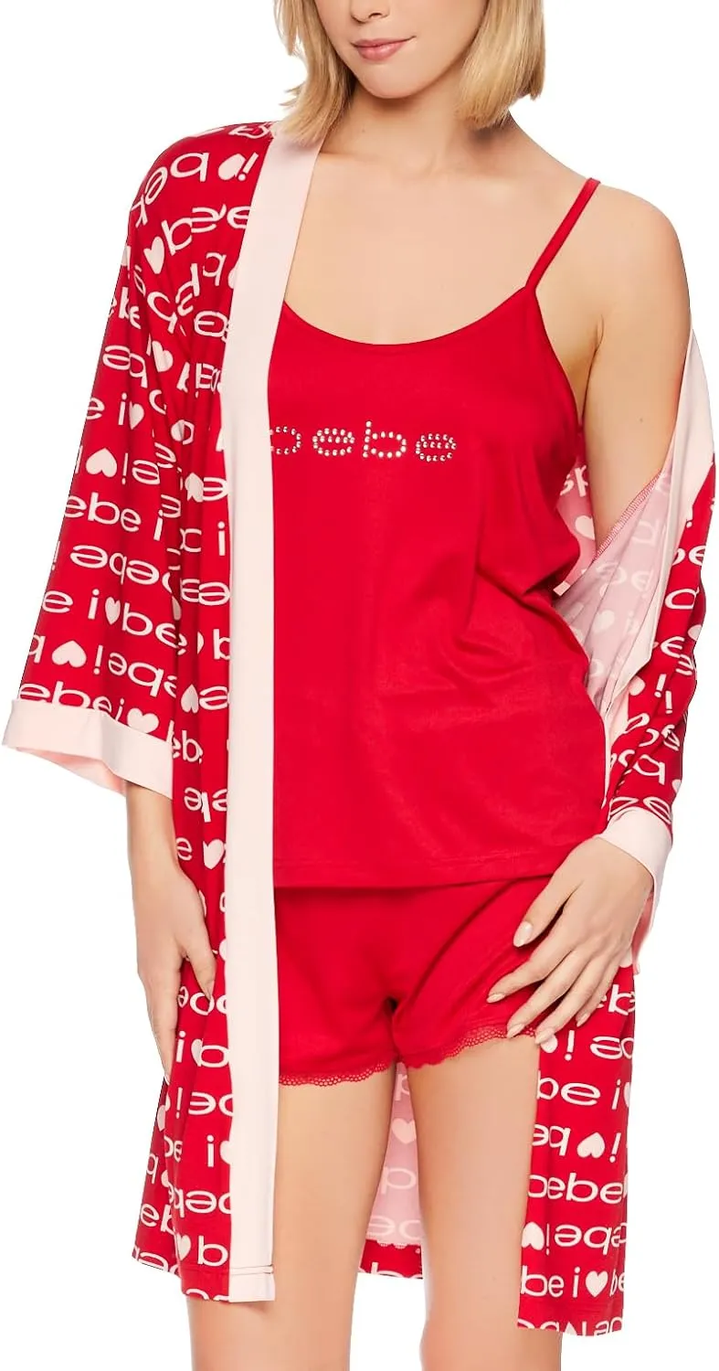 bebe Womens Pajamas 3-Piece Set, Tank Top, Pajama Shorts, and Short Robe Sleepwear Travel Set, Pajama Set Gifts for Women