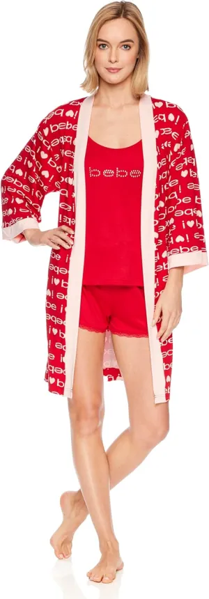bebe Womens Pajamas 3-Piece Set, Tank Top, Pajama Shorts, and Short Robe Sleepwear Travel Set, Pajama Set Gifts for Women