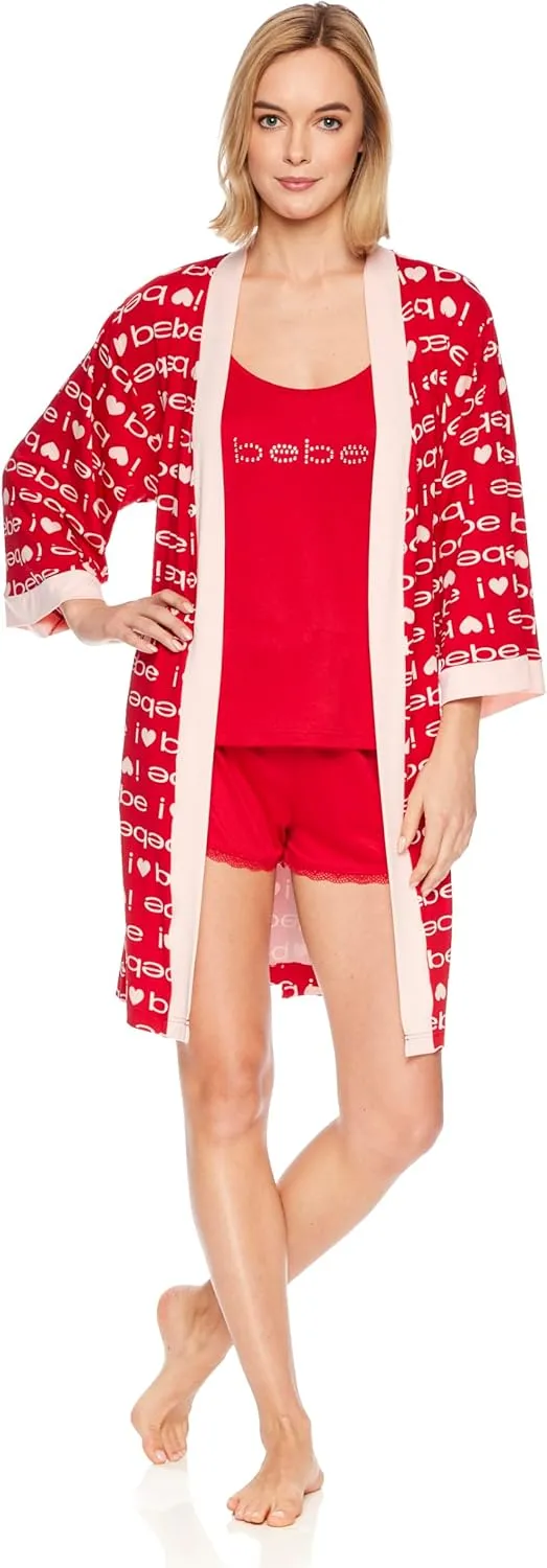 bebe Womens Pajamas 3-Piece Set, Tank Top, Pajama Shorts, and Short Robe Sleepwear Travel Set, Pajama Set Gifts for Women