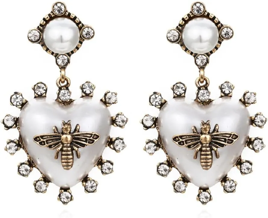 Bee Earrings for Women, Cute Honey bee Earrings, Pearl Heart Honeybee Dangle Earring Hypoallergenic, Insect Queen Bees Drop Earring, Bohemian Honeybee Statement earrings Studs, Bee Jewelry Funny earring