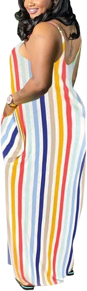 BFFBABY Womens Summer Suspender Maxi Dress Plus Size Striped Printed Sleeveless with Pockets and Belt