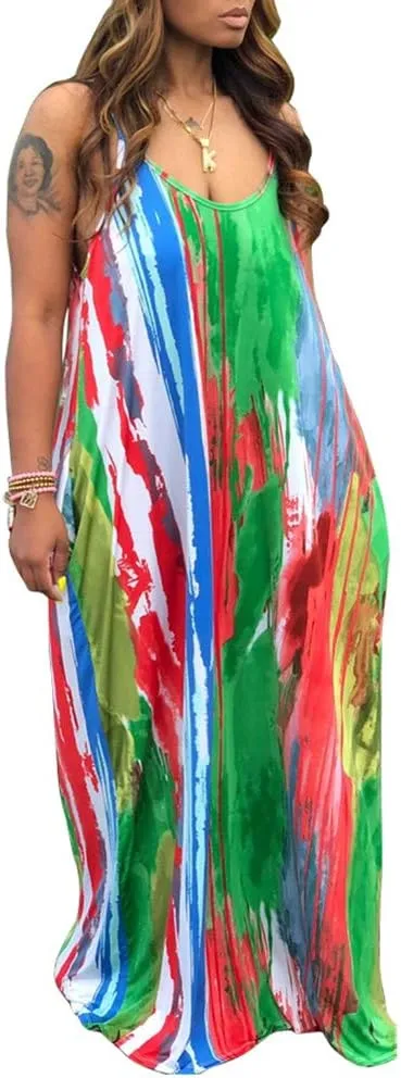 BFFBABY Womens Summer Suspender Maxi Dress Plus Size Striped Printed Sleeveless with Pockets and Belt