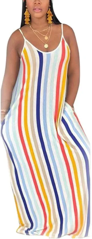 BFFBABY Womens Summer Suspender Maxi Dress Plus Size Striped Printed Sleeveless with Pockets and Belt