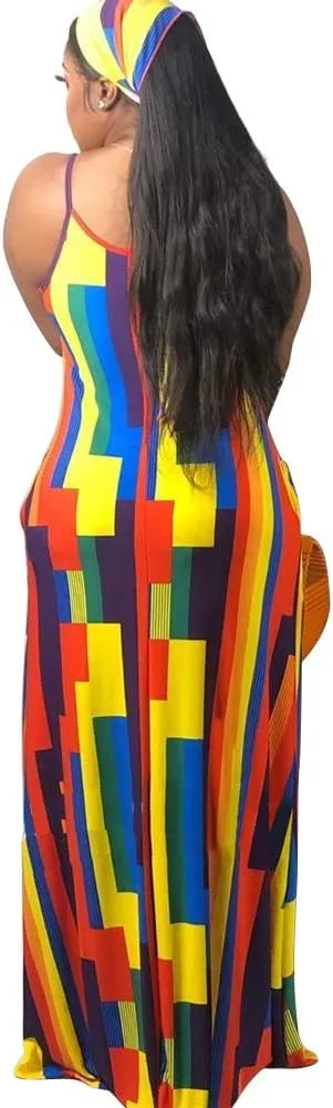 BFFBABY Womens Summer Suspender Maxi Dress Plus Size Striped Printed Sleeveless with Pockets and Belt