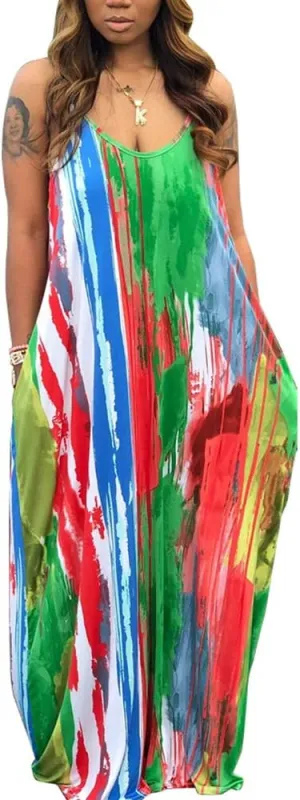 BFFBABY Womens Summer Suspender Maxi Dress Plus Size Striped Printed Sleeveless with Pockets and Belt