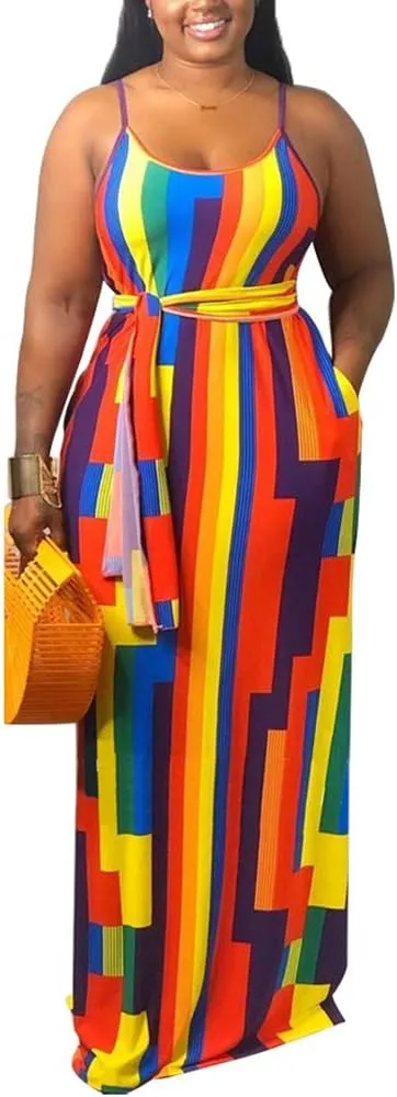 BFFBABY Womens Summer Suspender Maxi Dress Plus Size Striped Printed Sleeveless with Pockets and Belt