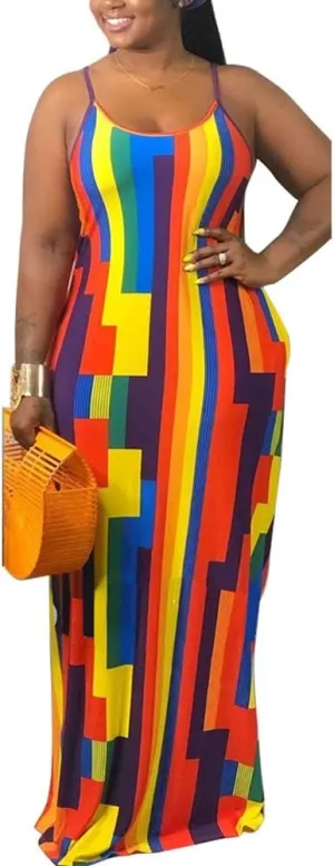 BFFBABY Womens Summer Suspender Maxi Dress Plus Size Striped Printed Sleeveless with Pockets and Belt