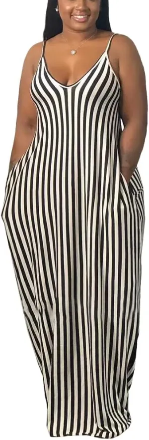 BFFBABY Womens Summer Suspender Maxi Dress Plus Size Striped Printed Sleeveless with Pockets and Belt