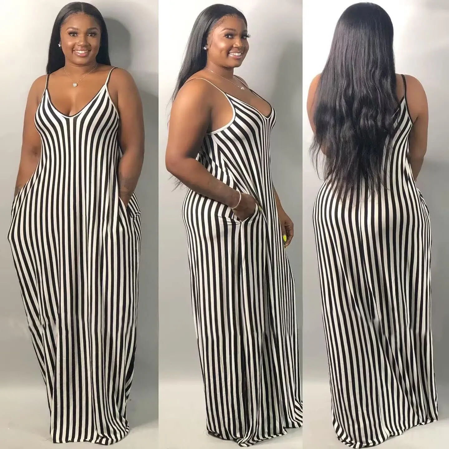 BFFBABY Womens Summer Suspender Maxi Dress Plus Size Striped Printed Sleeveless with Pockets and Belt