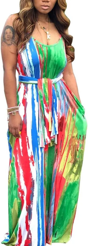 BFFBABY Womens Summer Suspender Maxi Dress Plus Size Striped Printed Sleeveless with Pockets and Belt
