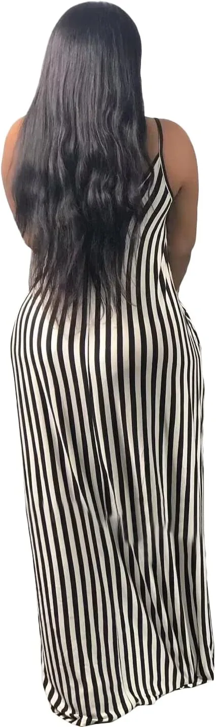 BFFBABY Womens Summer Suspender Maxi Dress Plus Size Striped Printed Sleeveless with Pockets and Belt