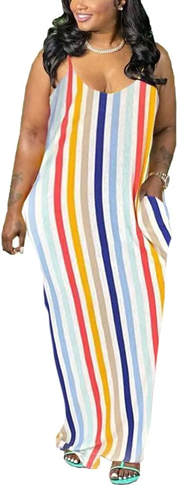 BFFBABY Womens Summer Suspender Maxi Dress Plus Size Striped Printed Sleeveless with Pockets and Belt